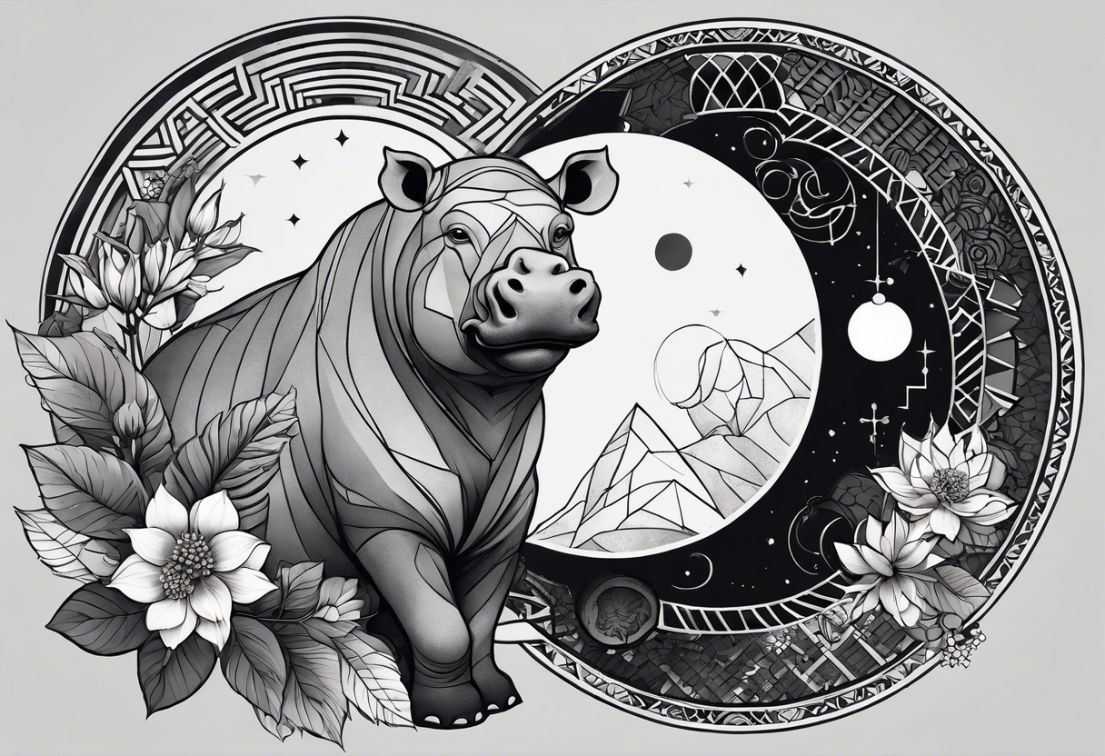 Very asymmetrical, +geometric pattern, with realistic full moon, with hippo at side look, +tribal, +geometric, +inkart , +blackwork, +grey scale, + sketch
with wintersweet flower bud, +inkart touch, tattoo idea