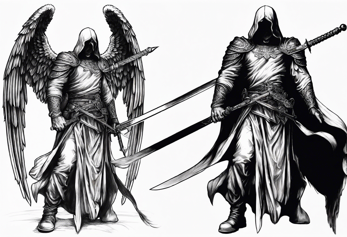 realistic angel of death, man, full body, no face visible, holding one sword, sword vertically pointing downwards tattoo idea