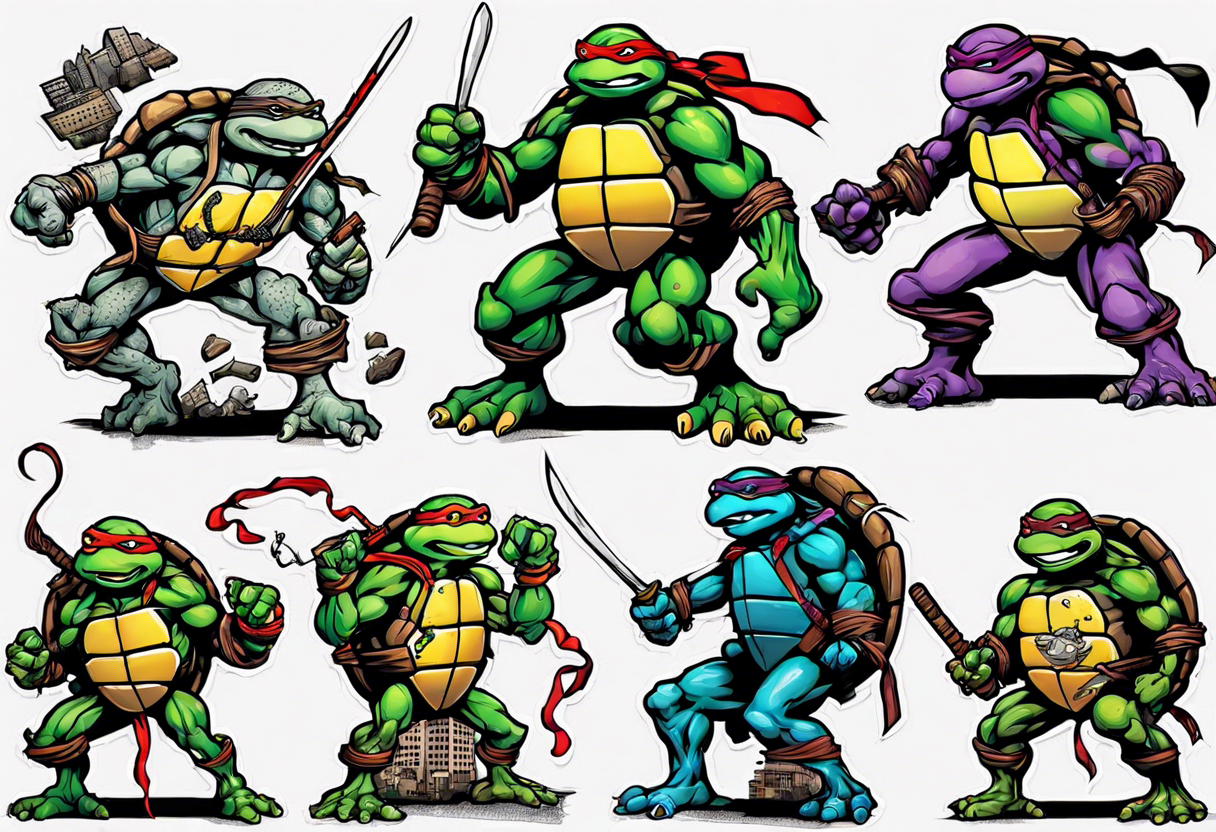 all four teenage mutant ninja turtles fighting enemies in a cityscape tattoo idea