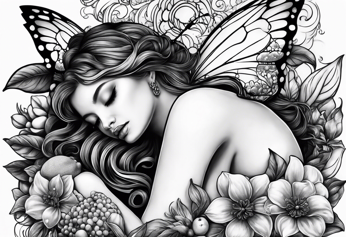 Fairy asleep on half a lemon tattoo idea