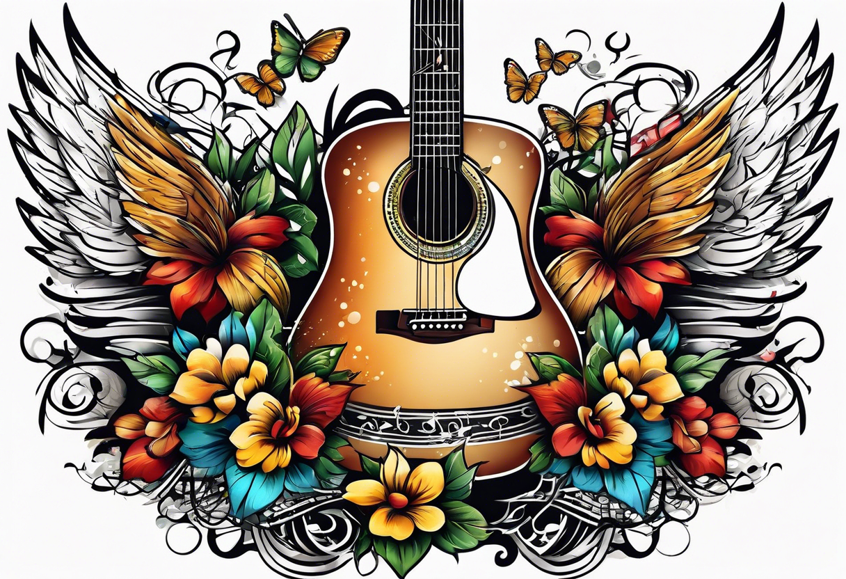 Microphone and musical notes and guitar and wings and country singer tattoo idea