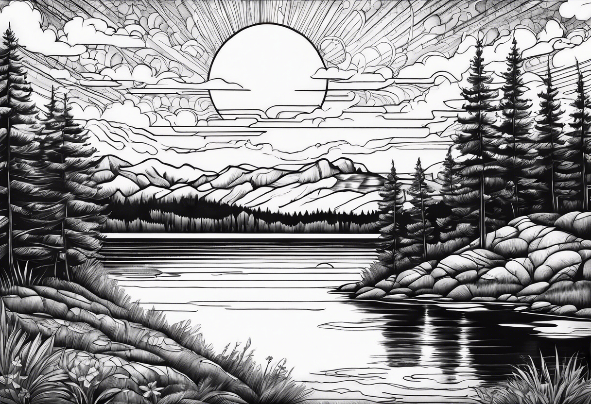 Lake surrounded by dawn sky tattoo idea