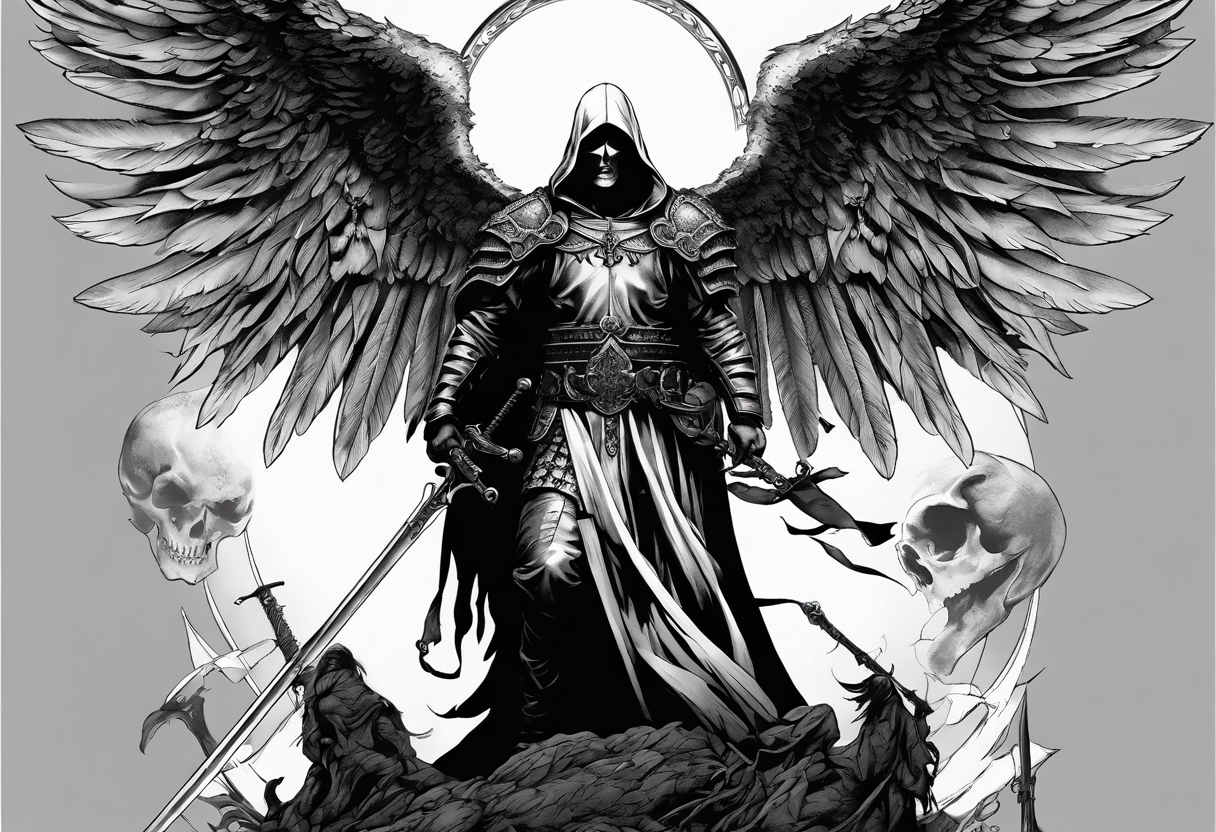 realistic full body of man angel of death, without face, holding sword, skulls on the ground tattoo idea