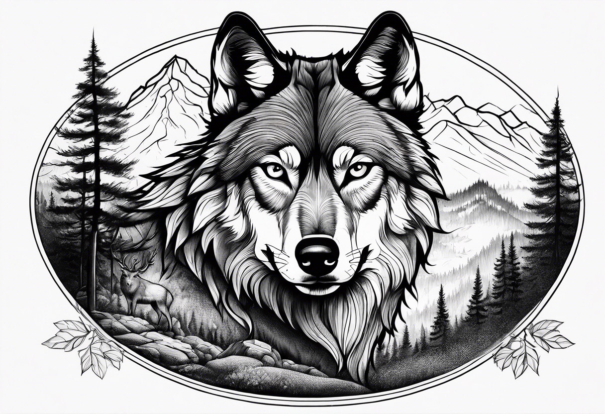 landscape with wolf, stag tattoo idea