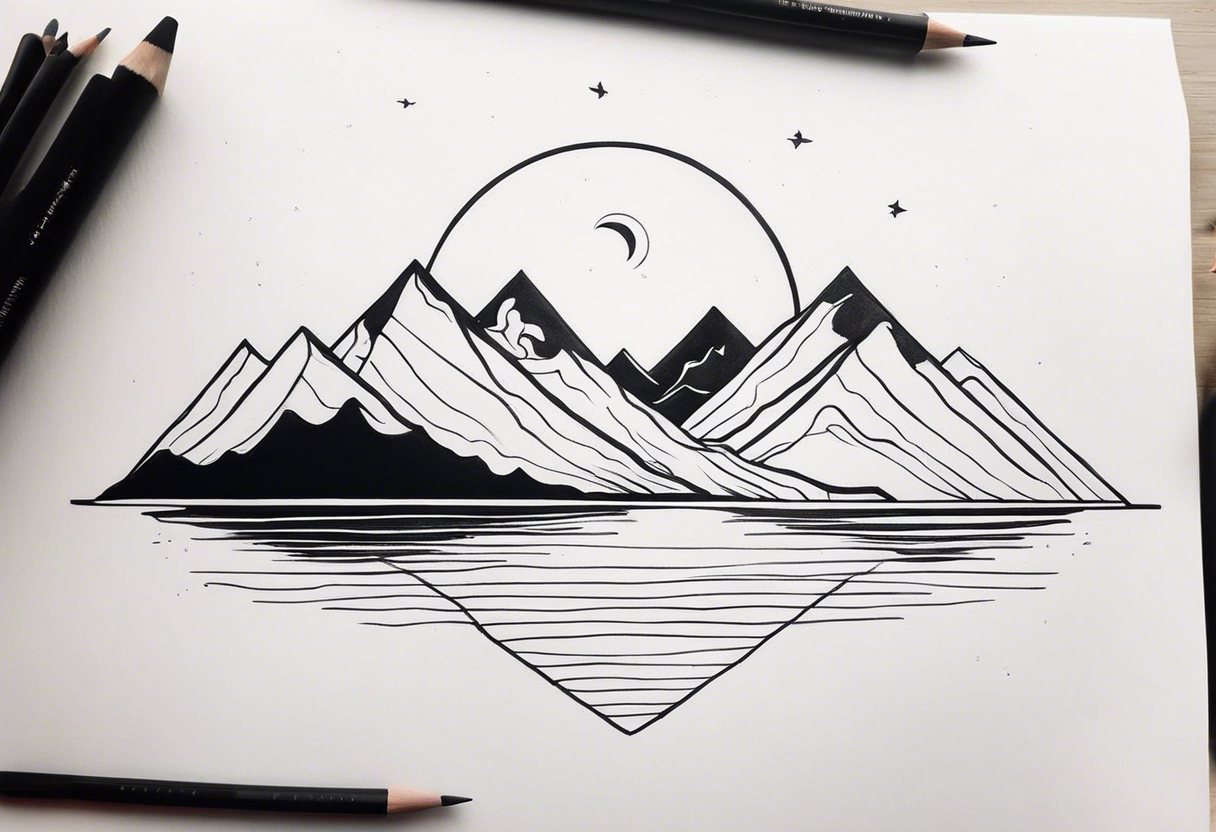 I want to 2 different tattoo design, but they will be in a matching style.
First tattoo will be mountains with a sunrise.
second tattoo will be sea with sunset. tattoo idea