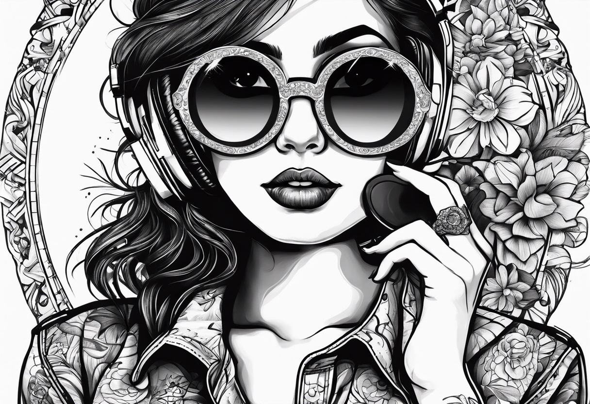 Hipster girl with round sunglasses listening to a tape tattoo idea