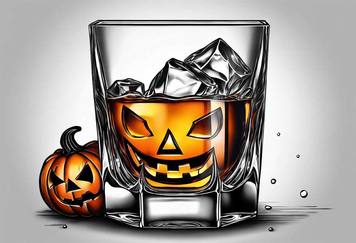 glass of whiskey with one single ice cube that is the Halloween jack-o-lantern tattoo idea