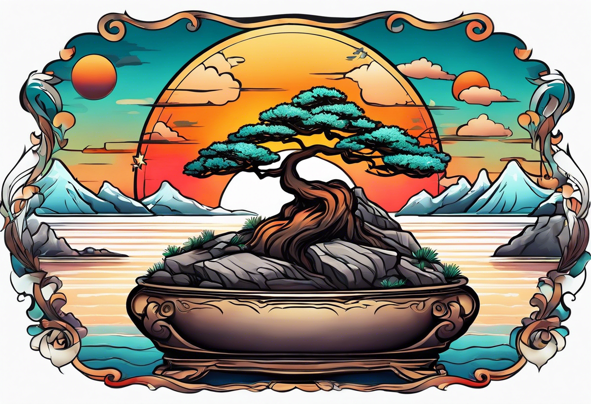 Sunset and little down bonsai trees tattoo idea