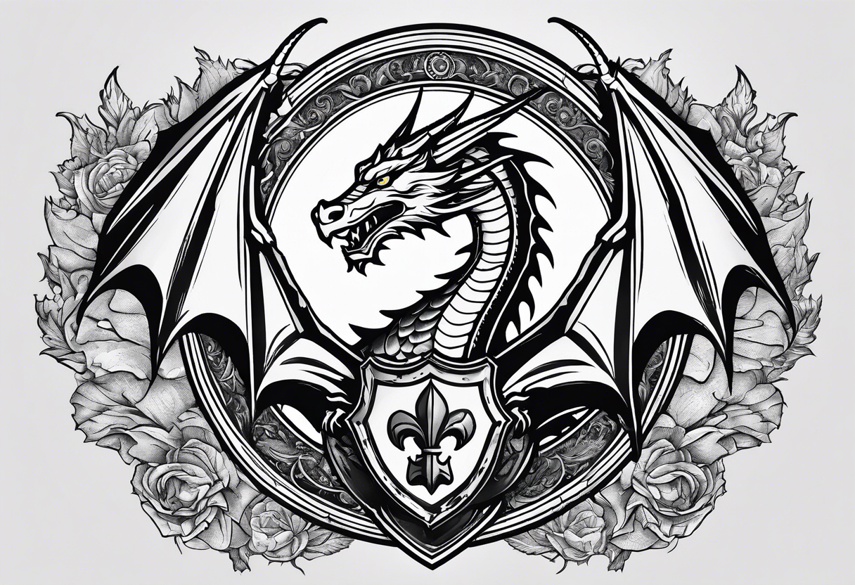 Welsh dragon holding a shield of a TEXAS star in battle tattoo idea