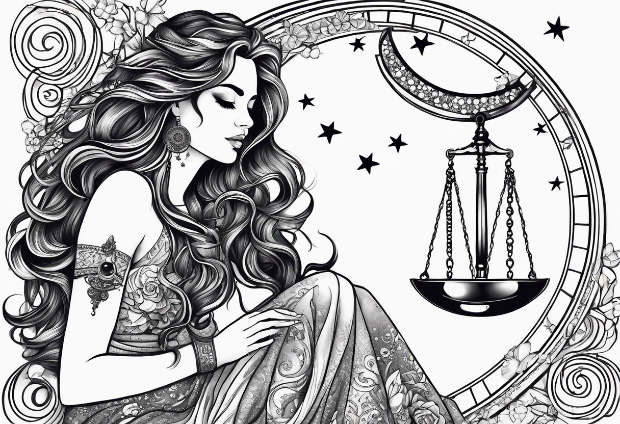 Beautiful woman with butterflies in her long wavy hair sitting on a half moon holding the libra scales with a moon and star background tattoo idea