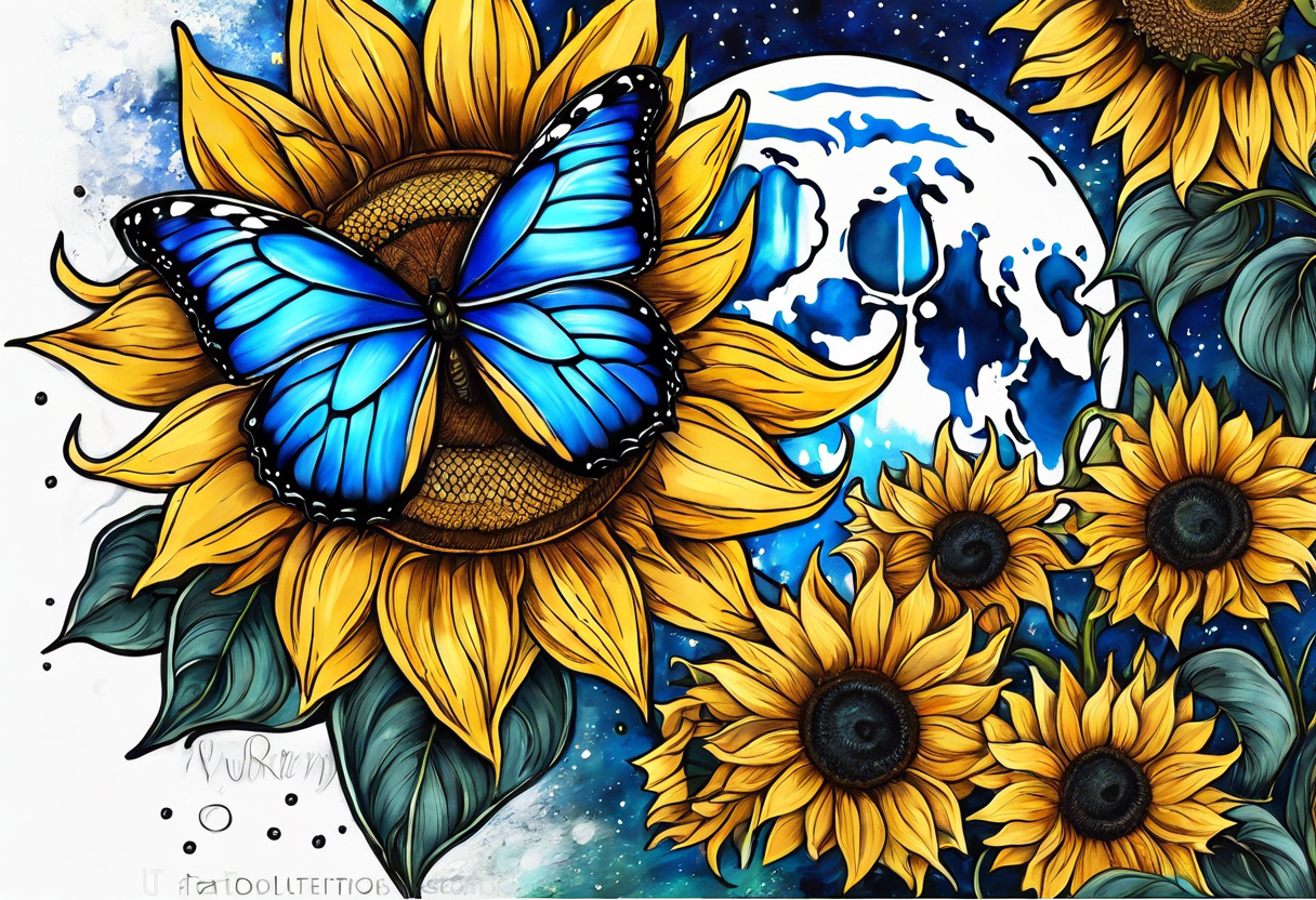 Full moon, blue morpho butterflies and sunflowers. tattoo idea