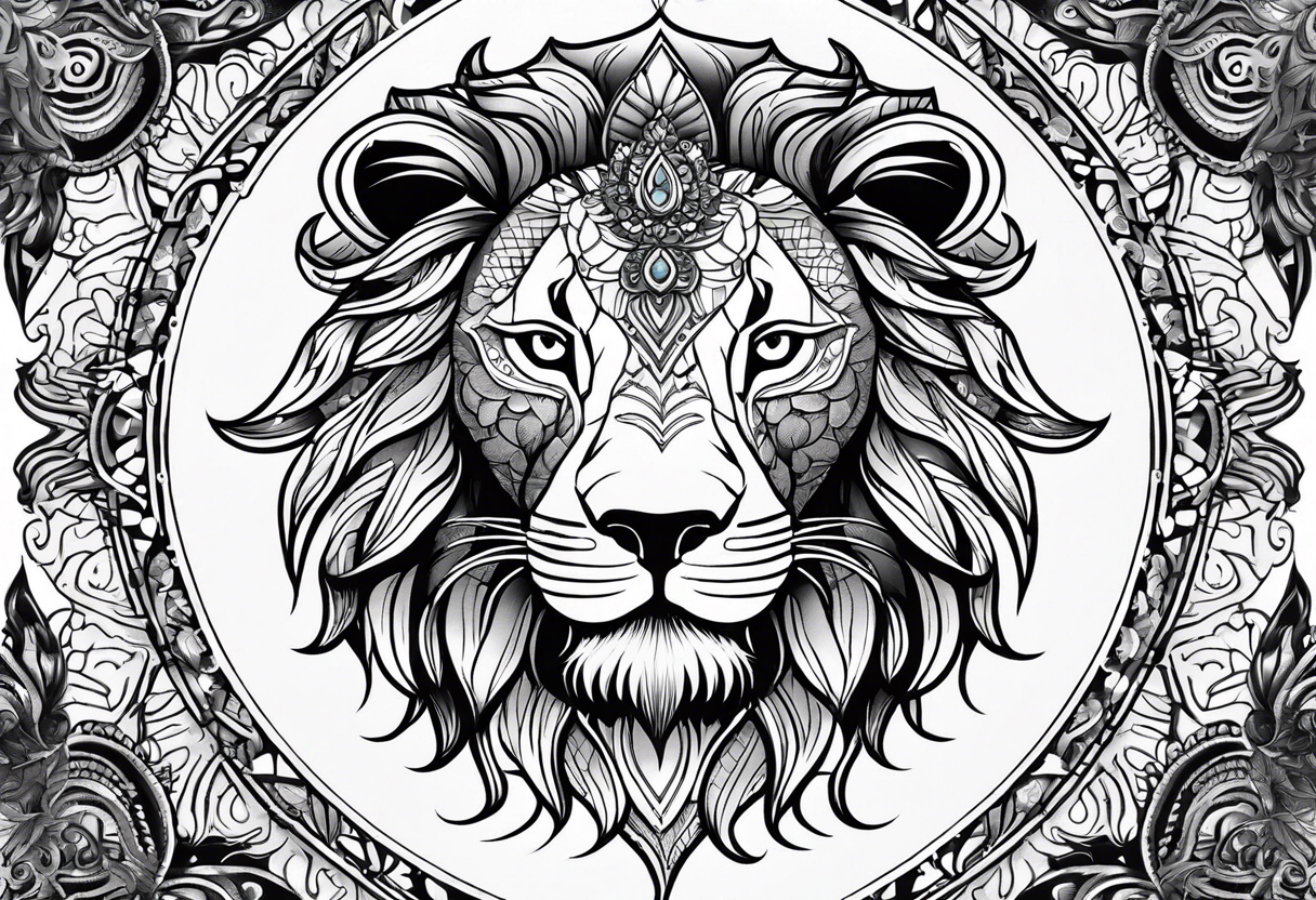 Half lion face half ornate mandala tattoo idea