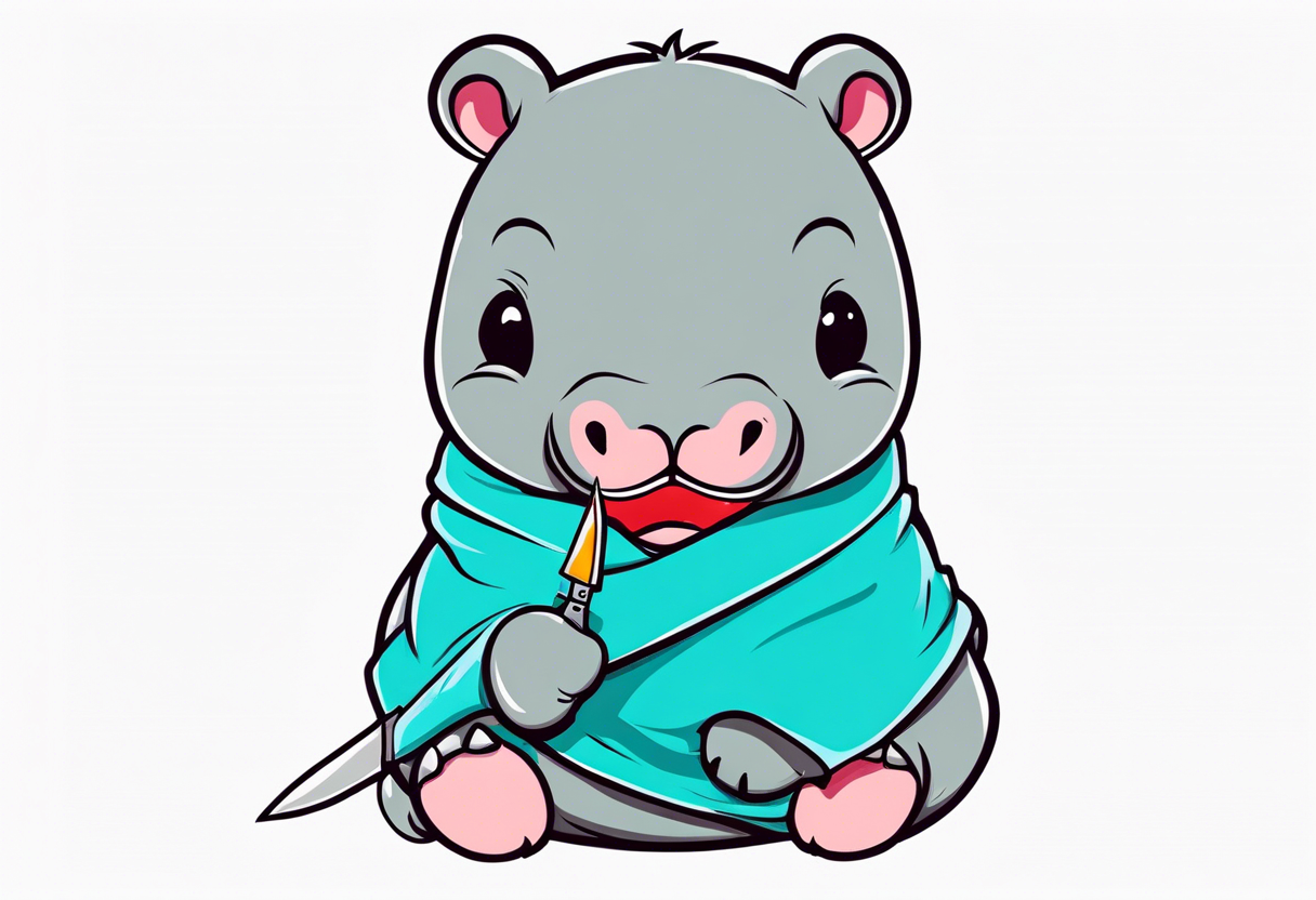 Baby hippopotamus wrapped in a swaddle and holding a knife in its mouth tattoo idea