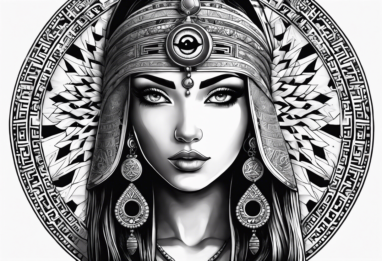 girl with eye of horus behind hierogliphlic wall tattoo idea