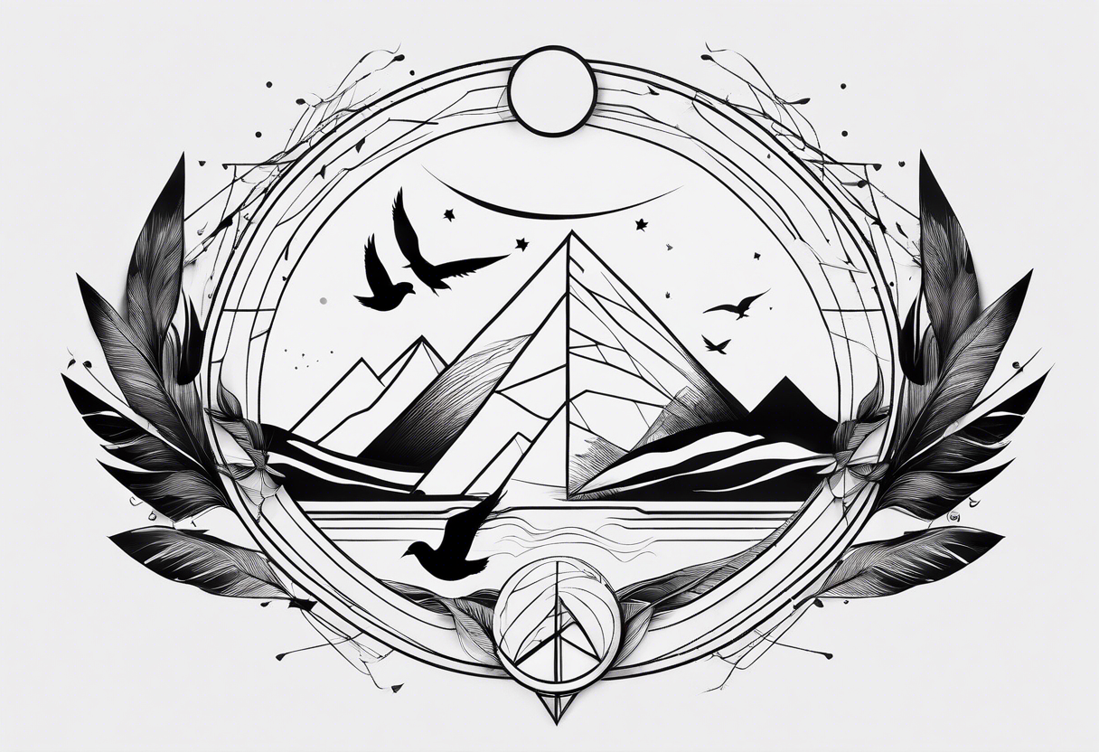 Do not include a face. Linear tattoo with double triangle, unclosed delta, crescent moon, birds tattoo idea