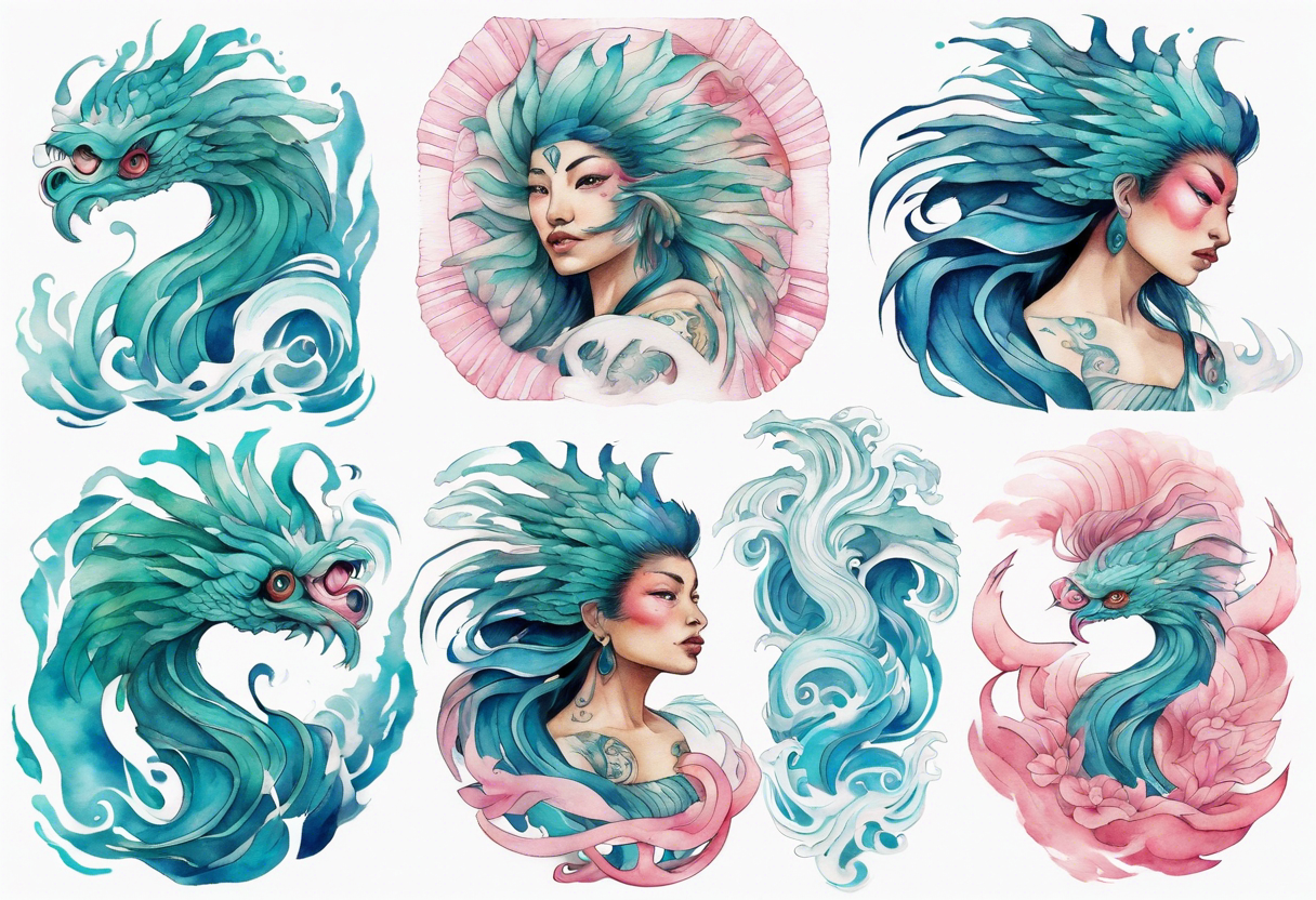 a turquoise and white and pink Quetzalcoatl-woman hybrid with beautiful eyes emerging from the blue waves of the ocean tattoo idea