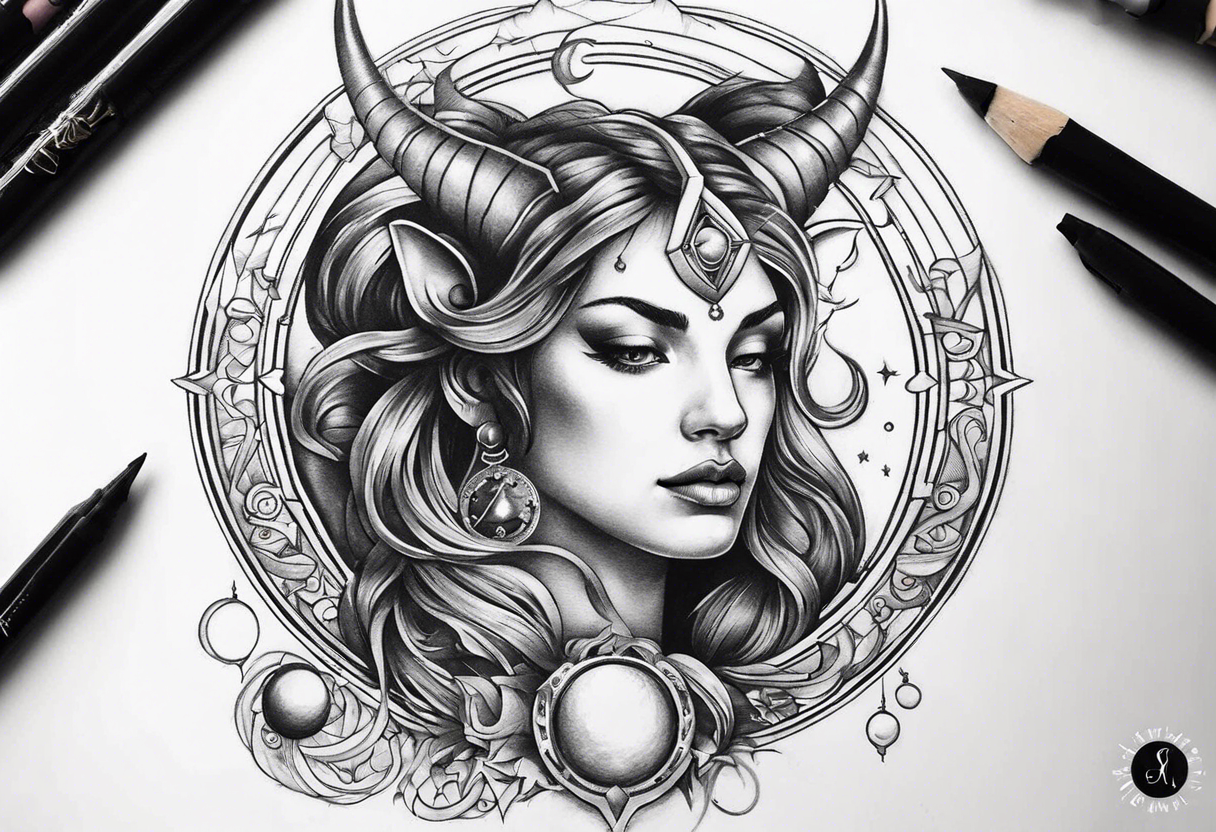 Capricorn tattoo with butterflies and moons with Saturn tattoo idea