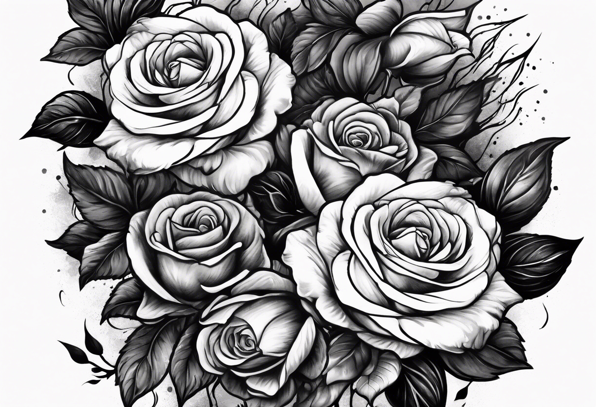 a dark night with a lightening storm outside in a field of roses tattoo idea