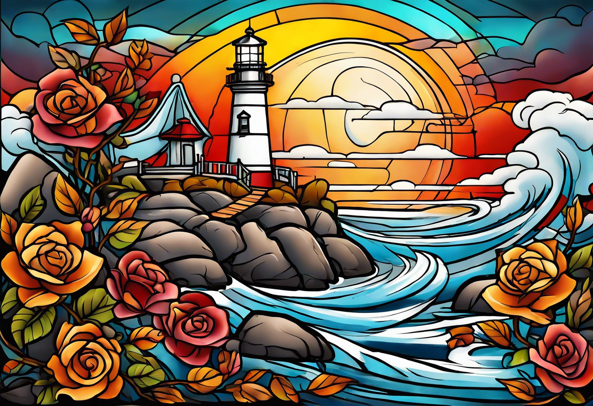 thigh tattoo in fall colors, showing lighthouse, water flow around rocks, sky, clouds, leaves, roses and no trees tattoo idea