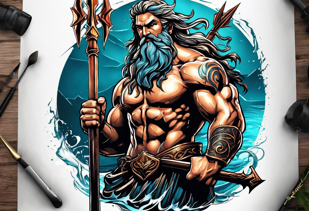 Poseidon with arrows in his back, full of anger and pain kneeling on his knee.
Make it look realistic, muscular and him masculine tattoo idea