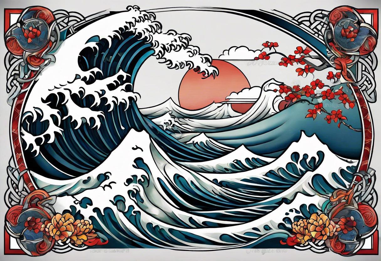 full sleeve. japanese wave mixed in celtic patterns equally. kamikaze plane tattoo idea