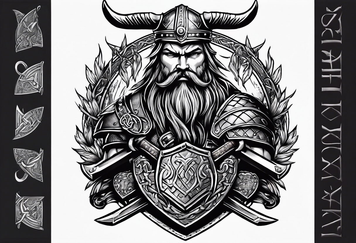 cool viking themed sleave on whole right arm ship axe shield tattoo idea