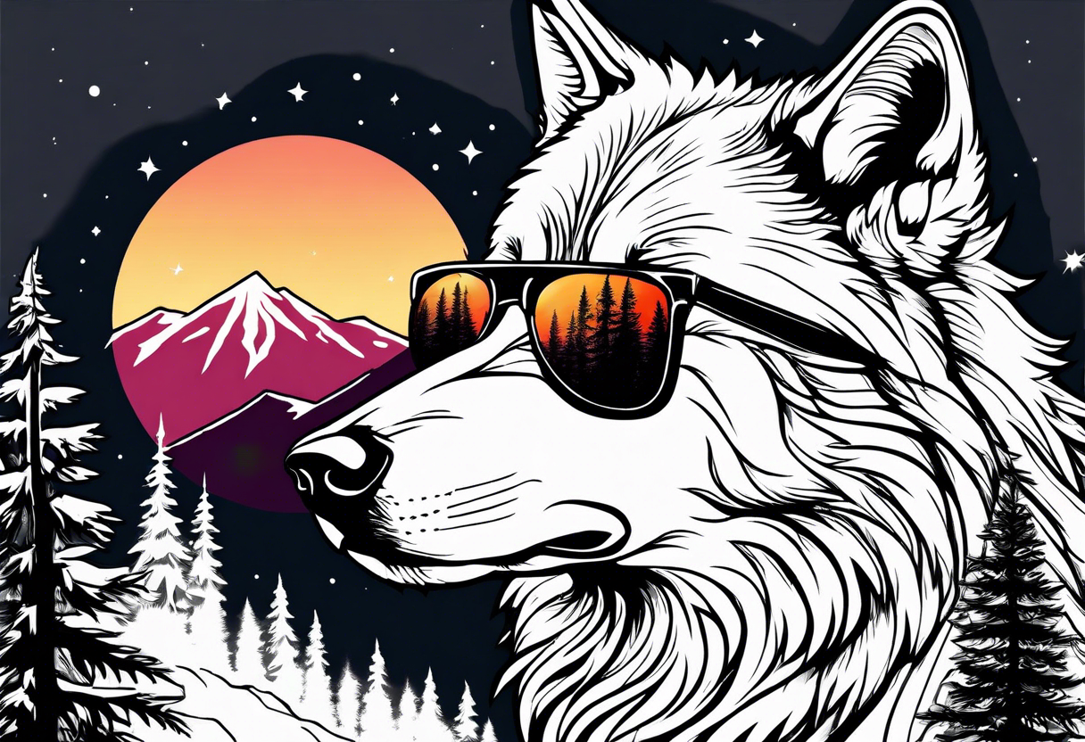 Wolf wearing sunglasses
Mountain peaks
Dark forest
Sunset
Moon tattoo idea