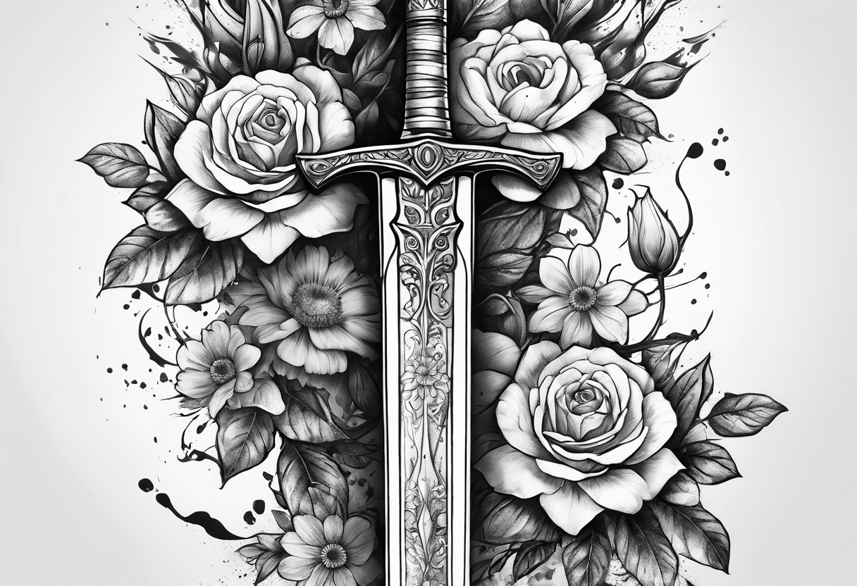 bloody sword with flowers tattoo idea