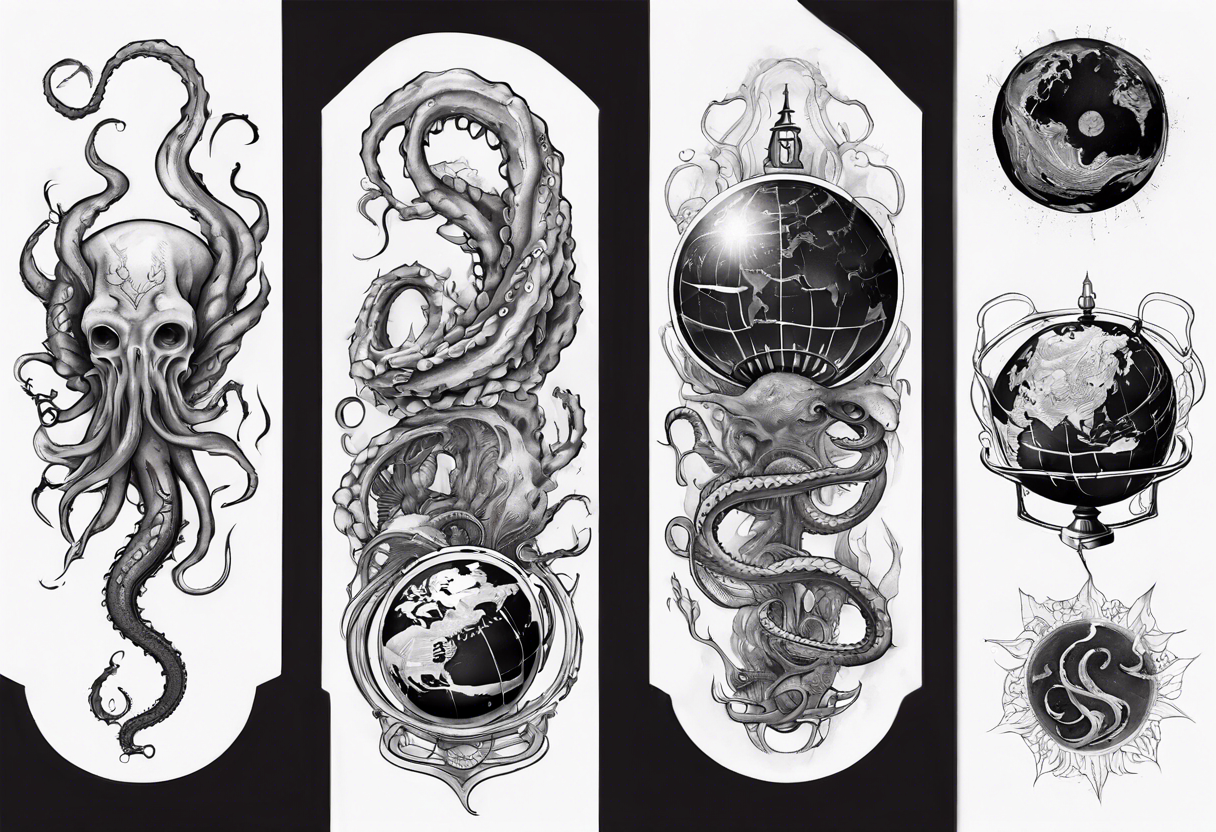 lovecraft myth tattoo for forearm tentacle +++ and little earth globe tattoo idea