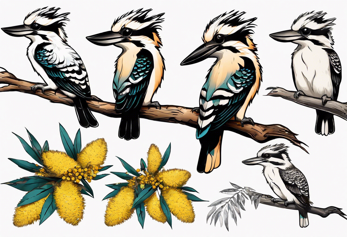 kookaburra sitting on wattle leaves tattoo idea