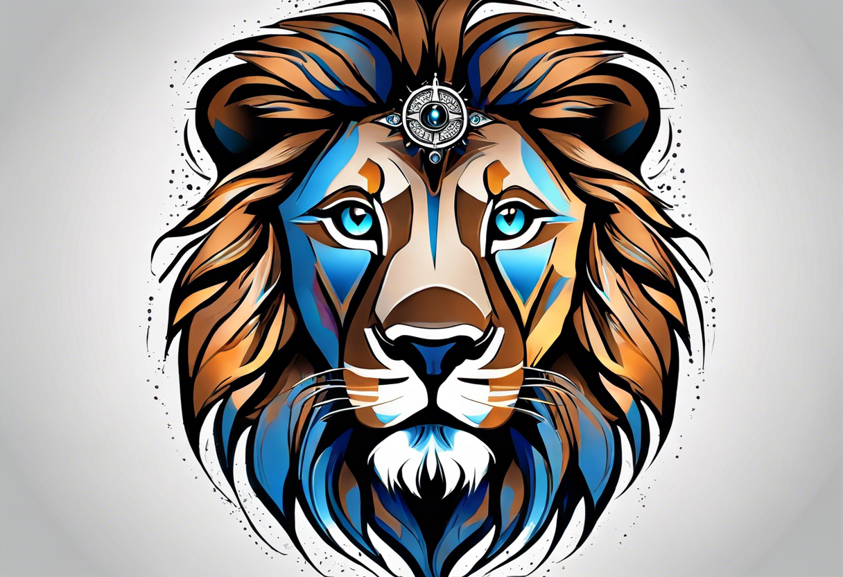 face of a lion with a third eye. Left eye blue, right eye brown. The third eye on the forehead is abstract. Around the muzzle there is a compass bezel tattoo idea