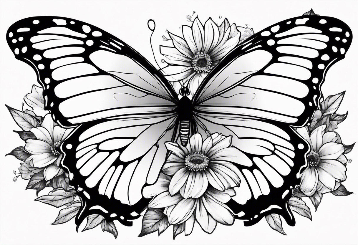 Butterfly with aster and morning glory flowers on 2 wings tattoo idea