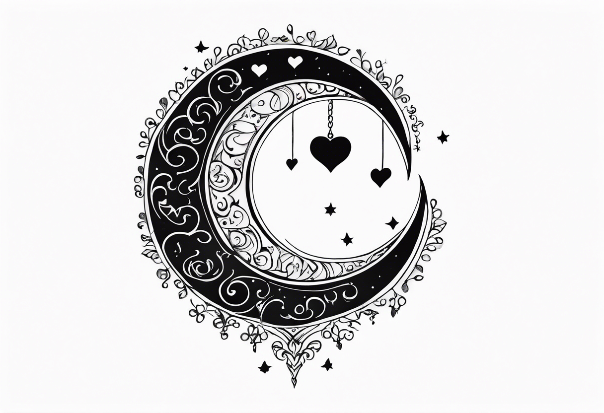 Crescent moon with hearts dangling from the bottom of it tattoo idea