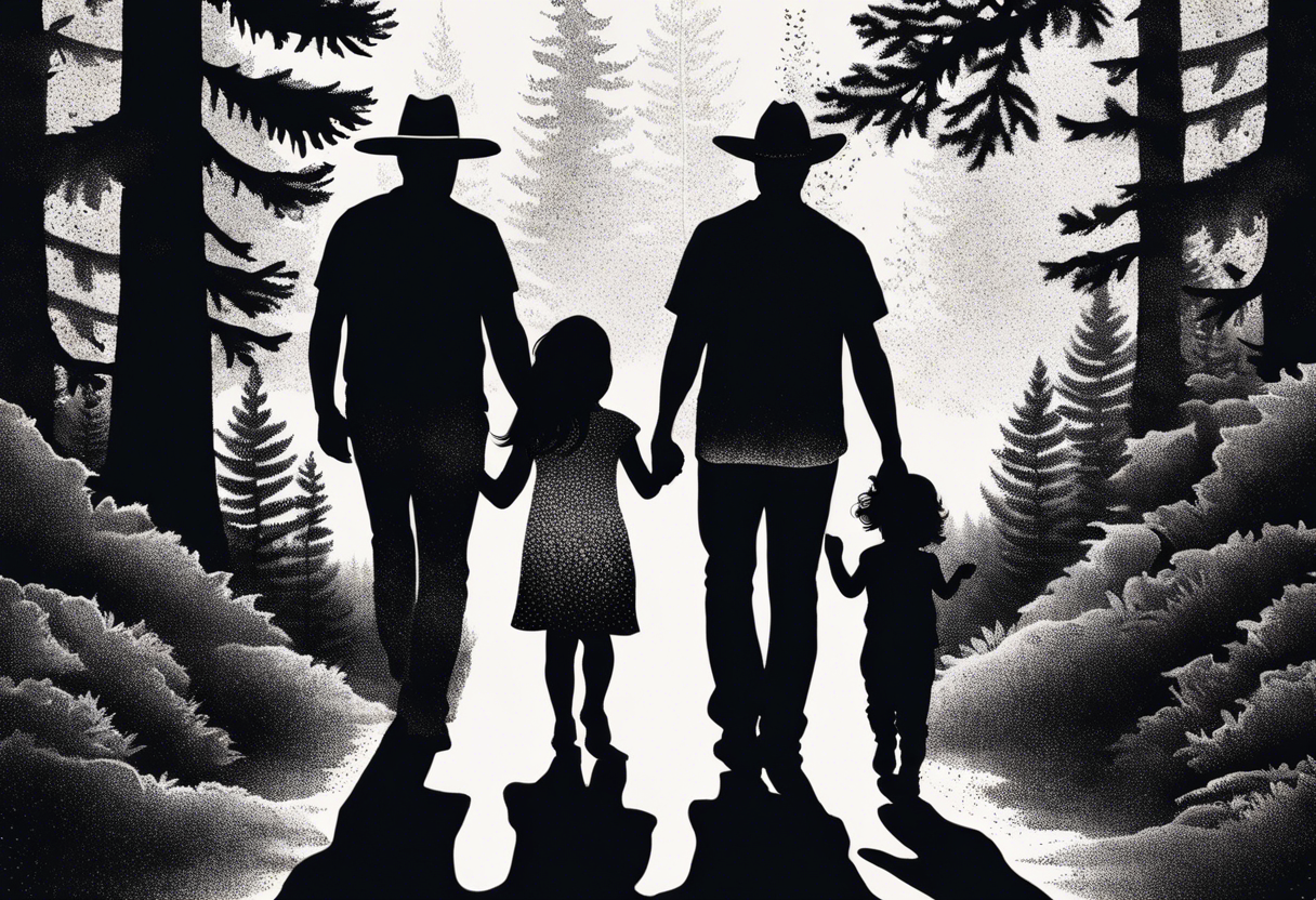 A shadow of a father and wife and young son and young daughter  of four walking through the Pacific Northwest Forrest. Mexican art. Trust in God tattoo idea