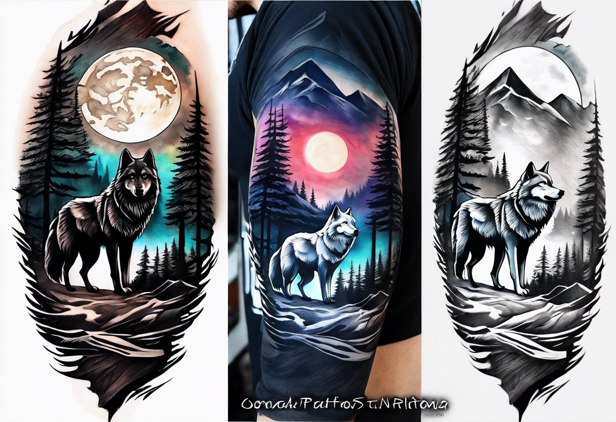 Half sleeve
Two wolves
Dark woods
Mountain peaks
Moon
Path tattoo idea