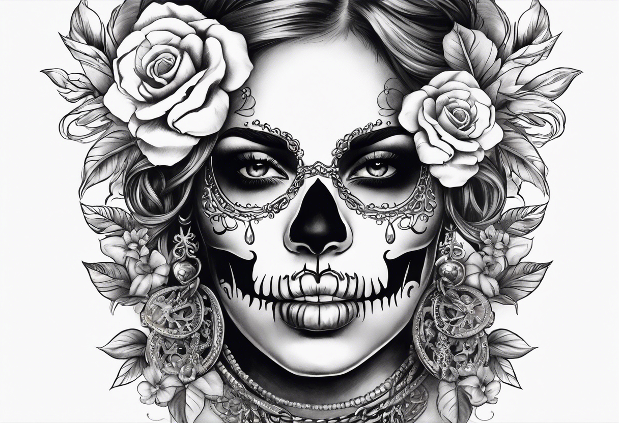 Draw me a Lady like skull with smoke out of his mouth add some flowers underneath with some ornamentals and Chains under it tattoo idea