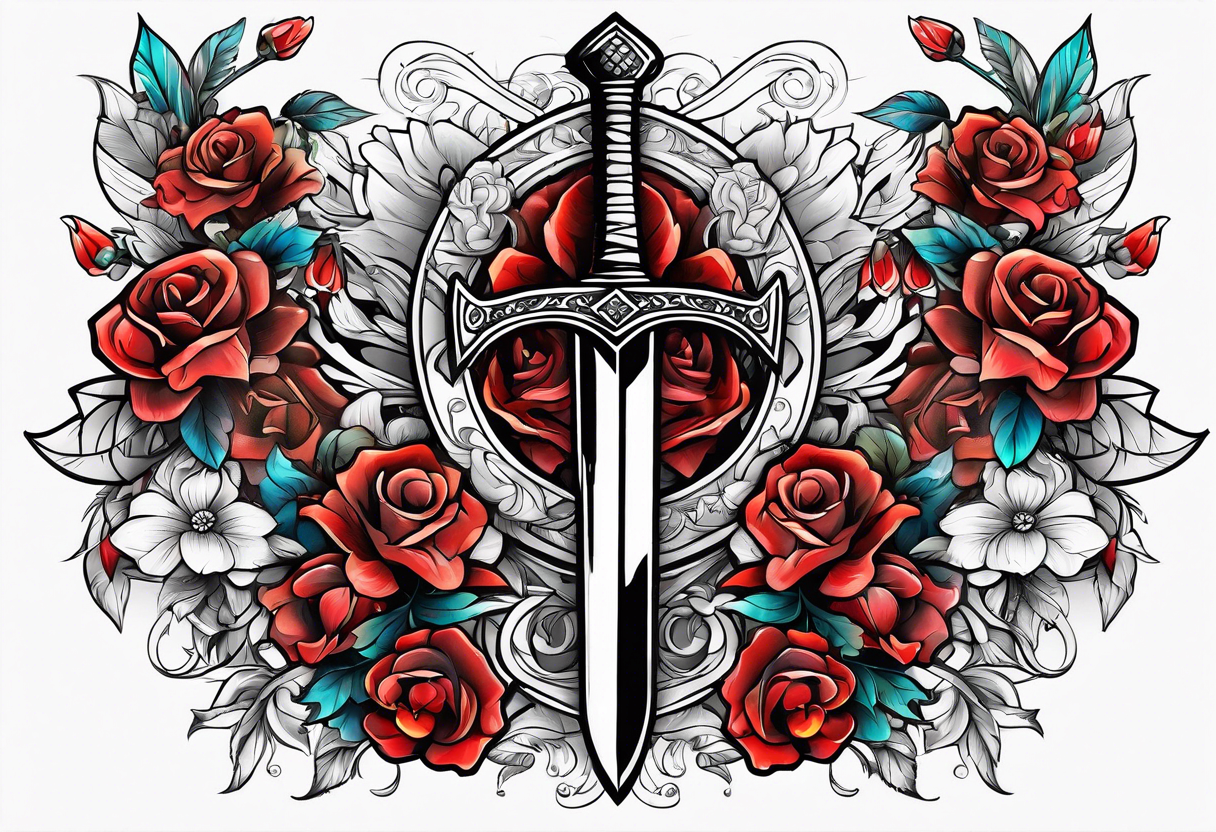 Bloody sword and flowers tattoo idea