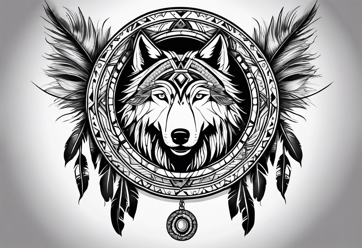 Inspired by Native American art, featuring traditional patterns and symbols like feathers and dreamcatchers integrated with the wolf’s image. tattoo idea