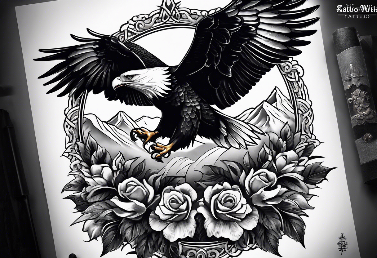 idea of pain for glory in life, discipline and catholic religion. Tattoo on the back with an eagle , 2 doves and fish tattoo idea