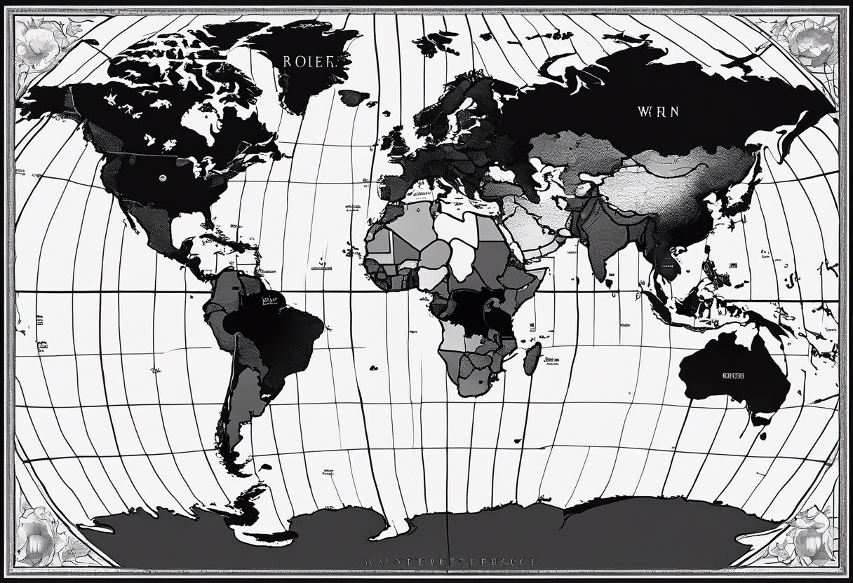 the earth with accurate borders of countries on a flat map design without bold borders with very light shading placed on a grid which only has the lines tattoo idea