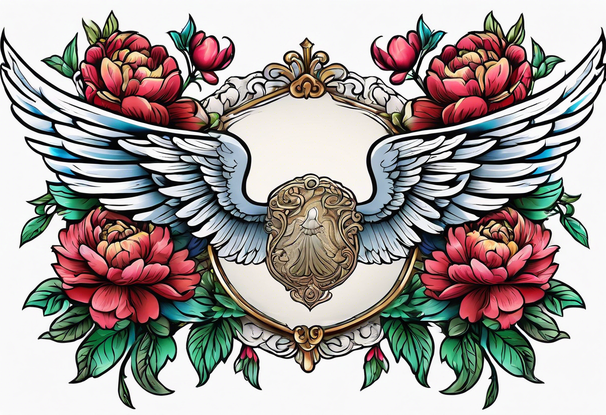 beautiful angel wings with colorful, peonies. beautiful flilligree in the background , full color, traditional old school , white background tattoo idea