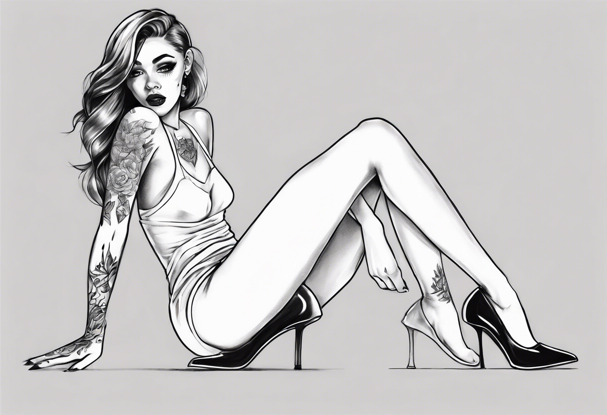 A girl in heels sits on the floor, leaning on her feet, with two legs wide open tattoo idea