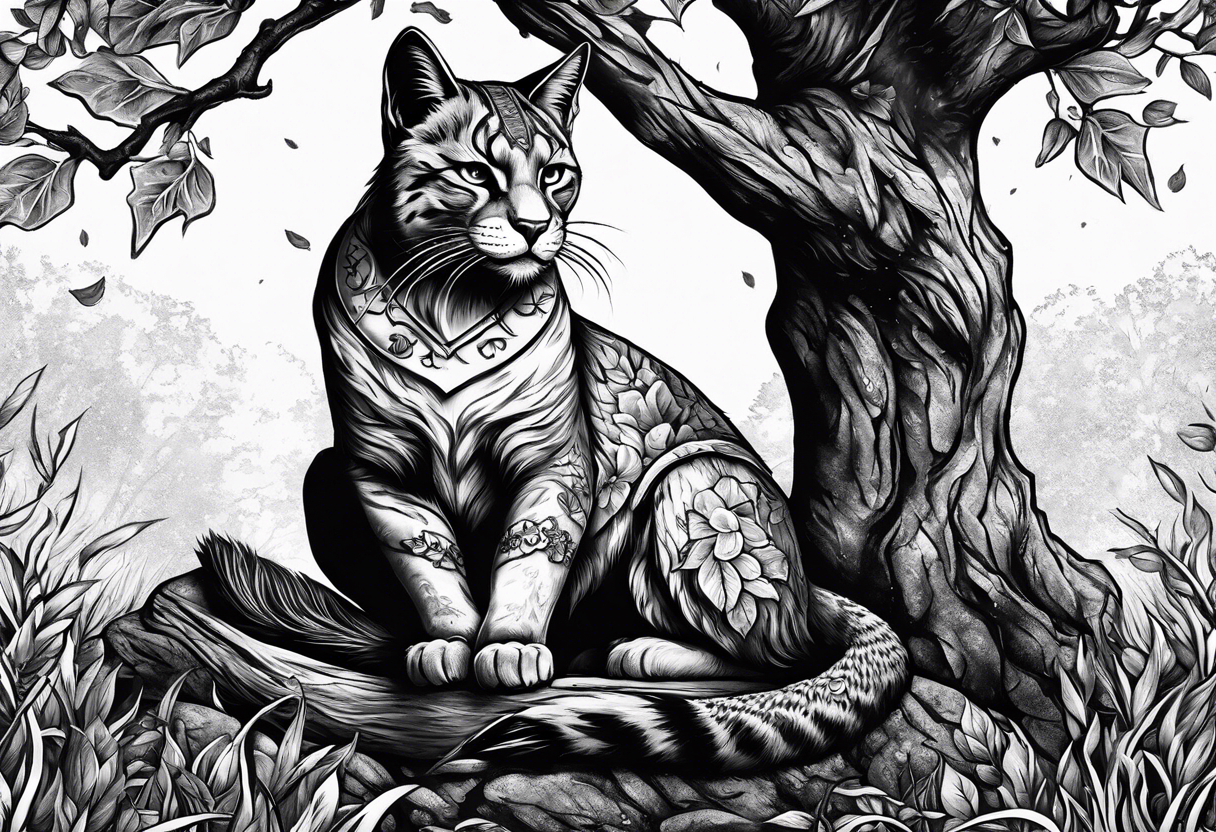 Khajiit sitting under an oak tree with a dagger and coin purse tattoo idea