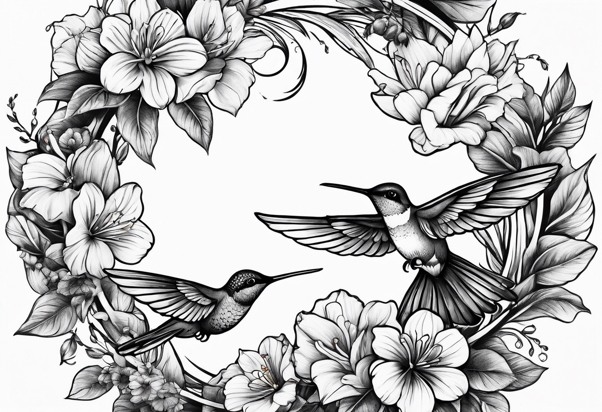 floral wreath with humming birds in the middle tattoo idea