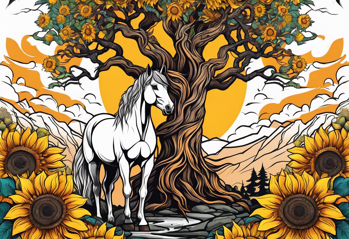 Yggdrasil tree, horse in front of it, and sunflowers tattoo idea