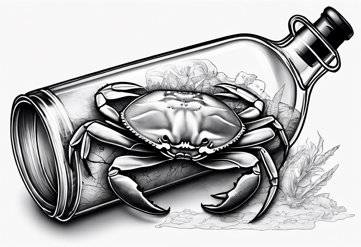 A message in a bottle. Rolled up map inside the bottle. crab outside protecting the bottle. tattoo idea