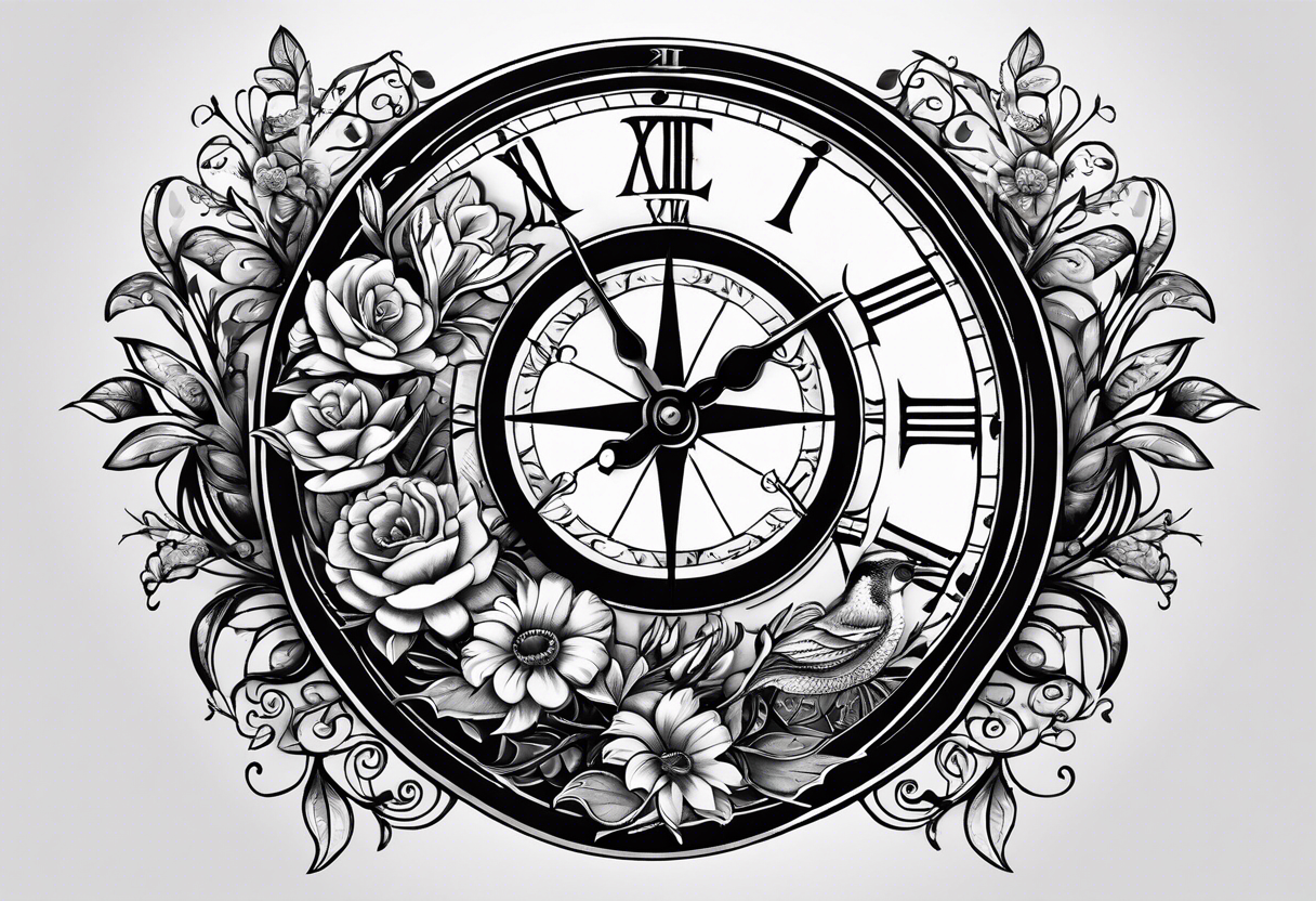 combination of a floating nautical compass and a old school clock face, and a doctor bird and tree of life and decorated with lignum vitae flowers, 3/4 sleeve on arm, flowing down the arm tattoo idea