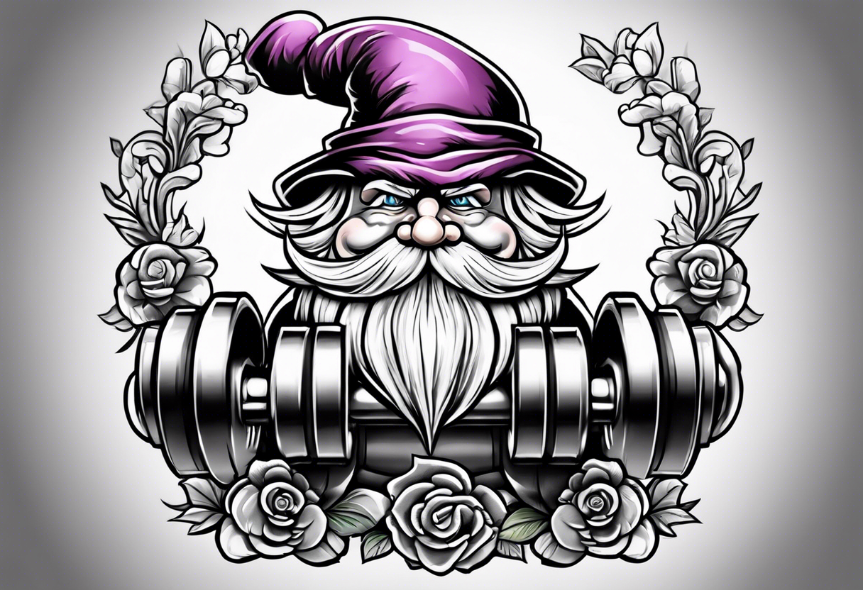 Strong old yard gnome lifting dumbells tattoo idea