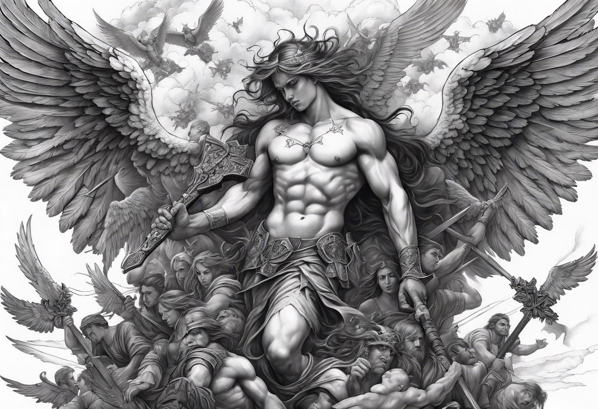 Full back piece depicting the war between angels above and demons below, with a trail up the middle of people carrying crosses up to heaven. tattoo idea