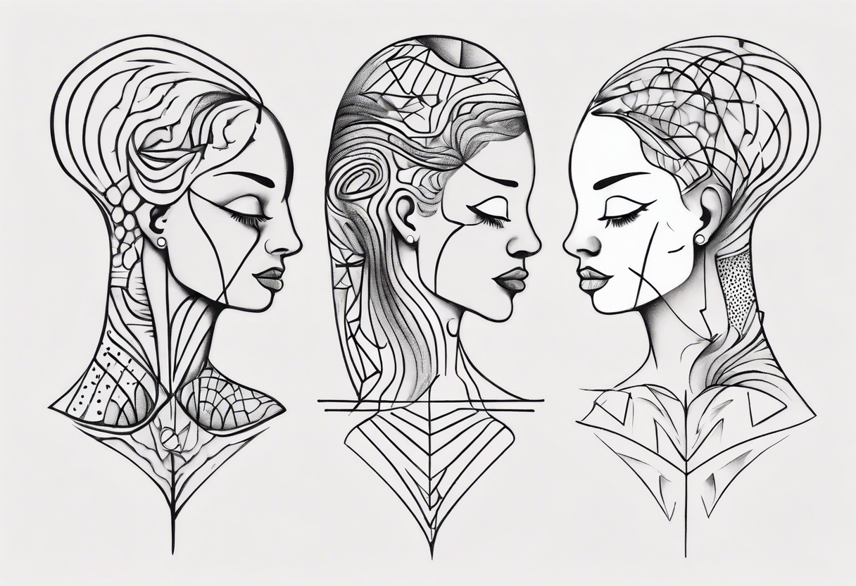 Abstract fine line woman dotwork tattoo idea